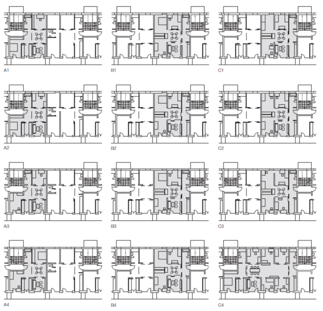 Grundrissvariationen einer Wohnanlage in Wiesbaden (2000) von Dietz Joppien Architekten