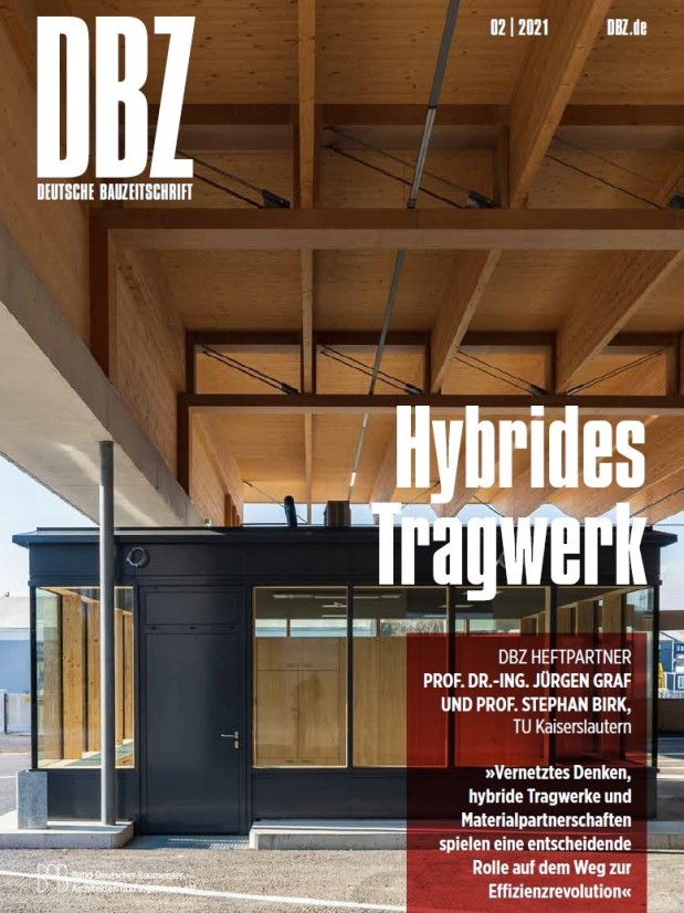 Titelbild der Ausgabe 02/2021 der DBZ in der ein Artikel zu Hybrid-Beton veröffentlicht wurde. –